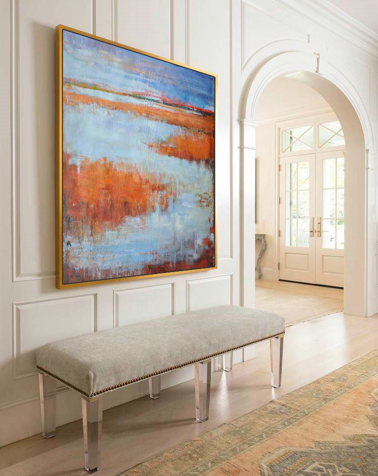 Abstract Landscape Oil Painting,Handmade Acrylic Painting Blue,Orange,Purple Grey,Red